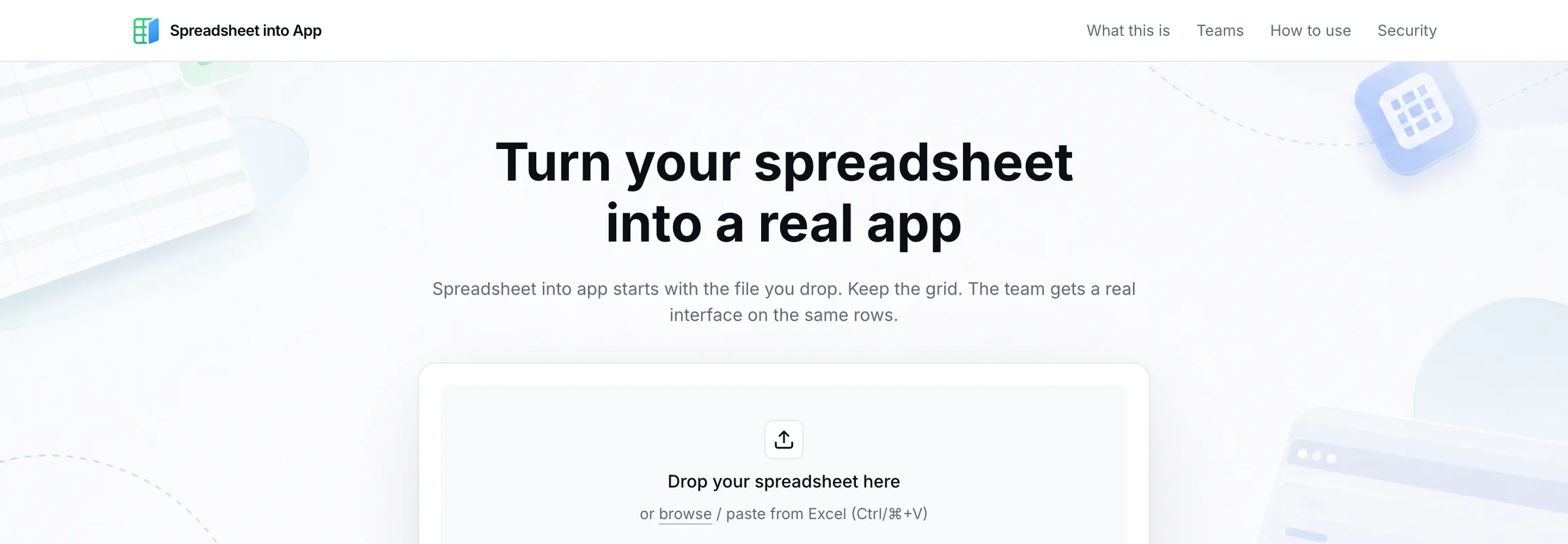 spreadsheetto.app 首页：拖入 Excel 或 CSV 文件，或从 Google Sheets 粘贴，点开始就能得到应用